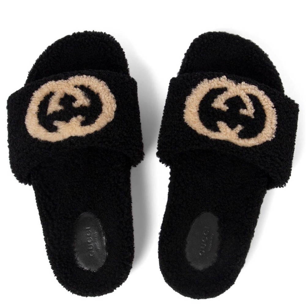 New Gucci GG logo Shearling Eileen Teddy slides in black with Interlocki… - Picture 1 of 11